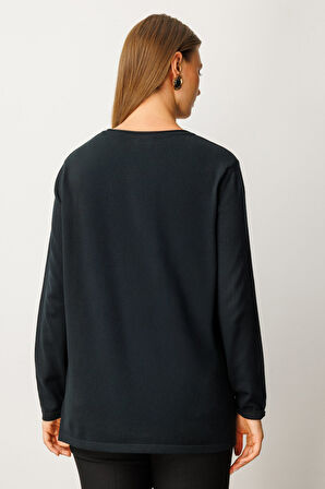 On Kadın Büyük Beden Kendinden Desenli Triko Kazak 65329 Siyah