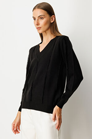 On Kadın Yaka Şerit Kırçıllı Triko Kazak 65321 Siyah