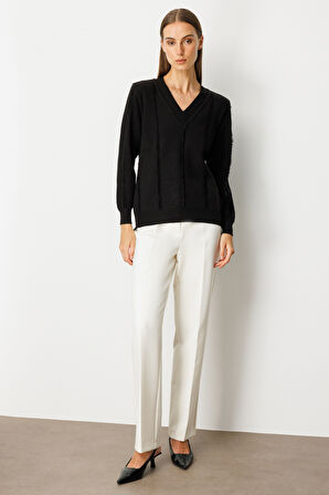 On Kadın Yaka Şerit Kırçıllı Triko Kazak 65321 Siyah