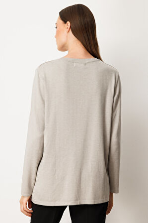 On Kadın Kabartma Desenli Süs Düğmeli Triko Kazak 65358 Gri