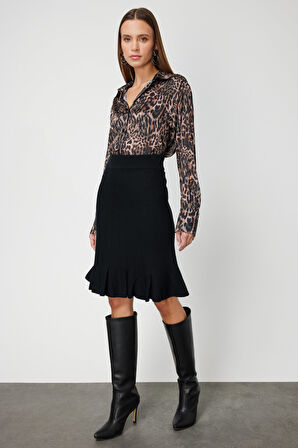 On Kadın Eteği Pileli Diz Üstü Triko Etek 65200 Siyah