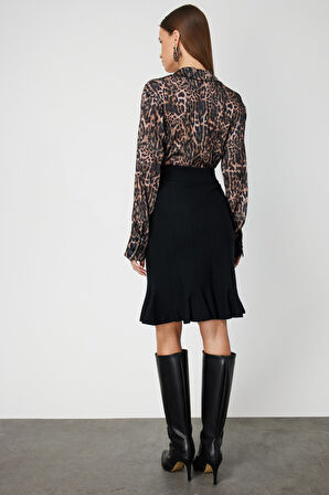 On Kadın Eteği Pileli Diz Üstü Triko Etek 65200 Siyah