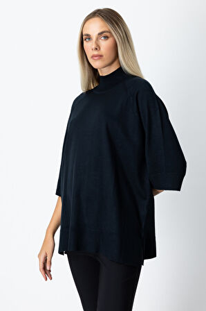 On Kadın Arkası Düğmeli Truvakar Kol Kazak 65310 Siyah