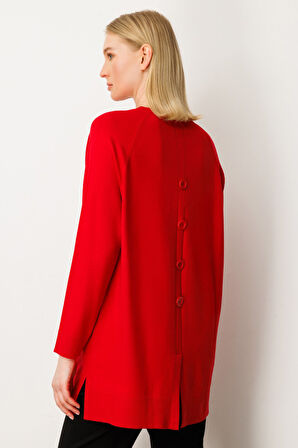 On Kadın Arkası Düğmeli Sıfır Yaka Kazak 65413 Kırmızı