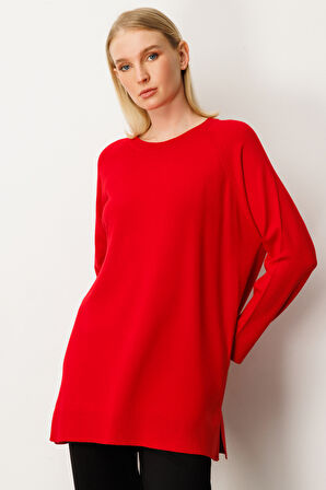 On Kadın Arkası Düğmeli Sıfır Yaka Kazak 65413 Kırmızı