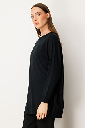 On Kadın Arkası Düğmeli Sıfır Yaka Kazak 65413 Siyah