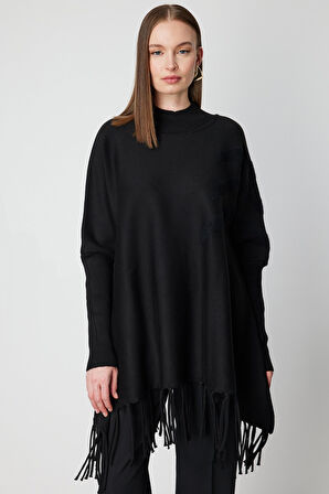 On Kadın Püskül Detaylı Panço 65910 Siyah