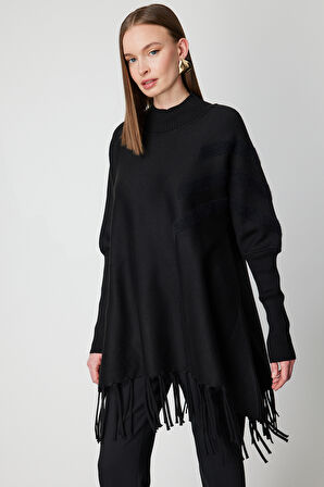 On Kadın Püskül Detaylı Panço 65910 Siyah