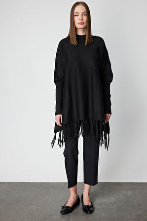 On Kadın Püskül Detaylı Panço 65910 Siyah