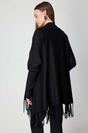 On Kadın Püskül Detaylı Panço 65910 Siyah