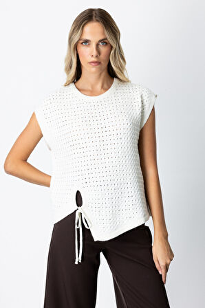 On Kadın Önü Bağlamalı Süveter 65337 Ekru