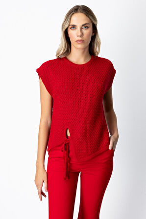 On Kadın Önü Bağlamalı Süveter 65337 Kırmızı