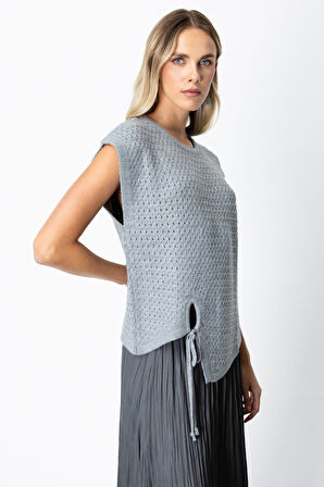 On Kadın Önü Bağlamalı Süveter 65337 Gri