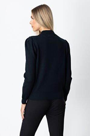 On Kadın Dik Yaka Düğme Detaylı Kazak 65331 Siyah