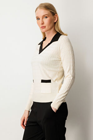 On Kadın Cep Detaylı Uzun Kollu Kazak 65313 Krem