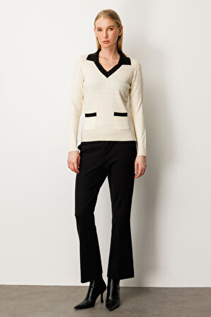 On Kadın Cep Detaylı Uzun Kollu Kazak 65313 Krem