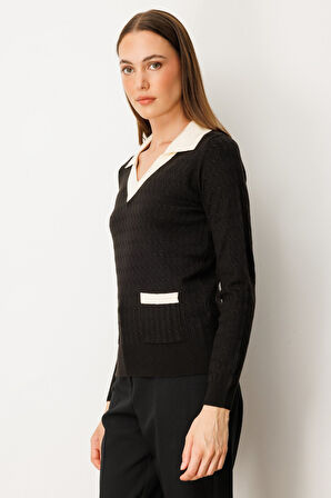 On Kadın Cep Detaylı Uzun Kollu Kazak 65313 Siyah