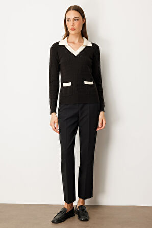 On Kadın Cep Detaylı Uzun Kollu Kazak 65313 Siyah