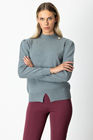 On Kadın Dik Yaka Düğme Detaylı Kazak 65331 Gri