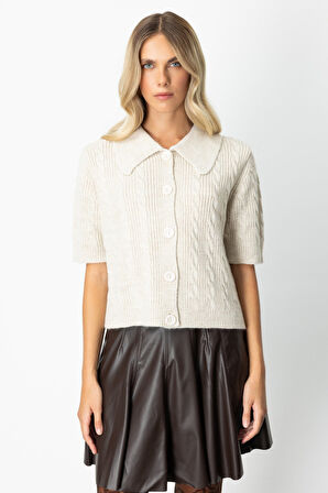 On Kadın Kısa Kollu Örme Hırka 65917 Bej