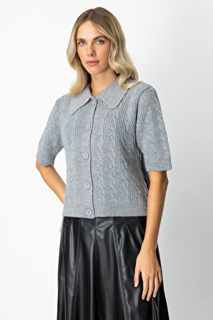 On Kadın Kısa Kollu Örme Hırka 65917 Gri