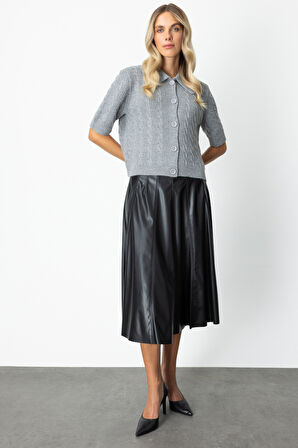 On Kadın Kısa Kollu Örme Hırka 65917 Gri