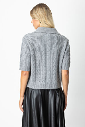 On Kadın Kısa Kollu Örme Hırka 65917 Gri