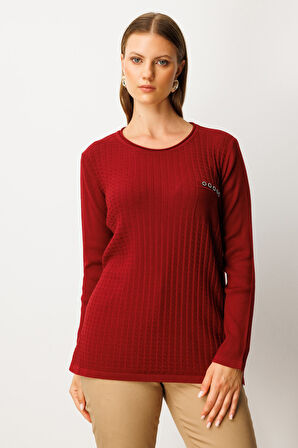 On Kadın Büyük Beden Cebi Taşlı Triko Kazak 65354 Bordo