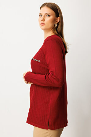 On Kadın Büyük Beden Cebi Taşlı Triko Kazak 65354 Bordo