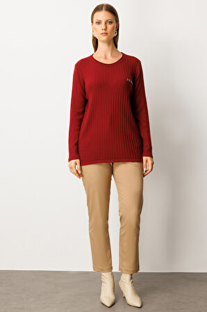 On Kadın Büyük Beden Cebi Taşlı Triko Kazak 65354 Bordo