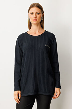 On Kadın Büyük Beden Cebi Taşlı Triko Kazak 65354 Siyah