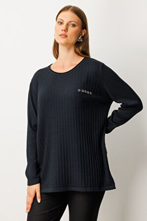 On Kadın Büyük Beden Cebi Taşlı Triko Kazak 65354 Siyah