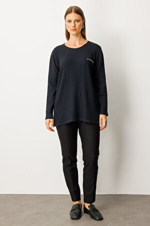 On Kadın Büyük Beden Cebi Taşlı Triko Kazak 65354 Siyah