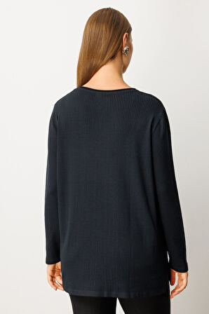 On Kadın Büyük Beden Cebi Taşlı Triko Kazak 65354 Siyah