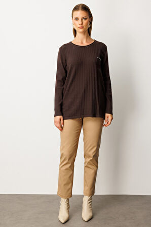 On Kadın Büyük Beden Cebi Taşlı Triko Kazak 65354 Kahverengi