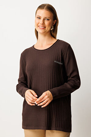 On Kadın Büyük Beden Cebi Taşlı Triko Kazak 65354 Kahverengi