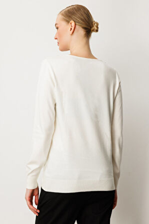 On Kadın Yakası Taşlı Triko Kazak 65314 Ekru