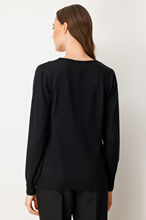 On Kadın Yakası Taşlı Triko Kazak 65314 Siyah