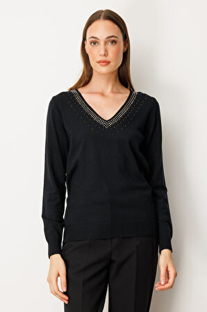 On Kadın Yakası Taşlı Triko Kazak 65314 Siyah