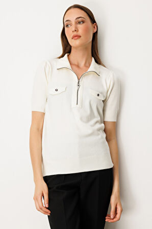 On Kadın Yakası Fermuarlı Kısa Kol Triko Kazak 65330 Ekru