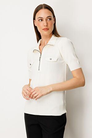 On Kadın Yakası Fermuarlı Kısa Kol Triko Kazak 65330 Ekru