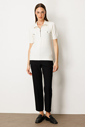 On Kadın Yakası Fermuarlı Kısa Kol Triko Kazak 65330 Ekru