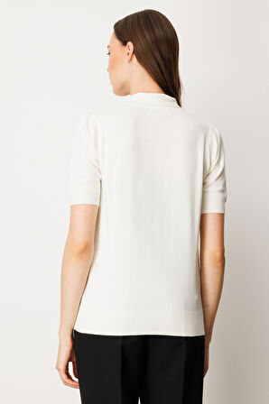 On Kadın Yakası Fermuarlı Kısa Kol Triko Kazak 65330 Ekru