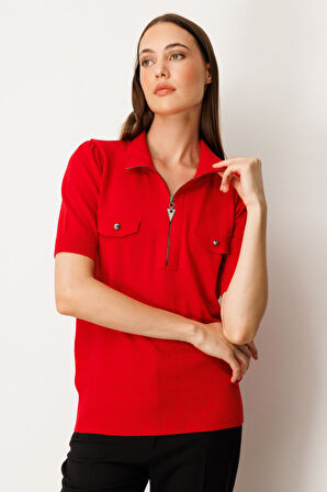 On Kadın Yakası Fermuarlı Kısa Kol Triko Kazak 65330 Kırmızı