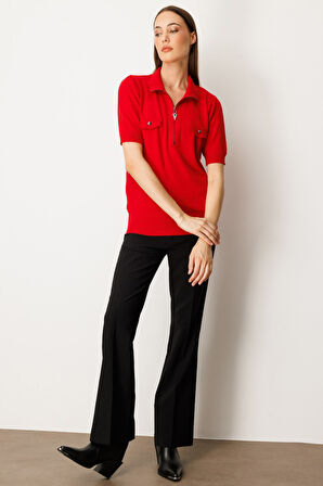 On Kadın Yakası Fermuarlı Kısa Kol Triko Kazak 65330 Kırmızı