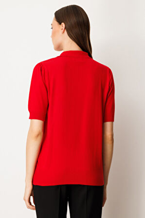 On Kadın Yakası Fermuarlı Kısa Kol Triko Kazak 65330 Kırmızı