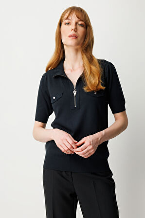 On Kadın Yakası Fermuarlı Kısa Kol Triko Kazak 65330 Siyah