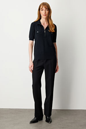 On Kadın Yakası Fermuarlı Kısa Kol Triko Kazak 65330 Siyah