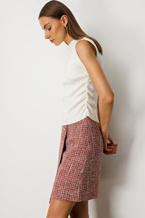 On Kadın Yanları Büzgülü Kolsuz Triko Kazak 65355 Ekru