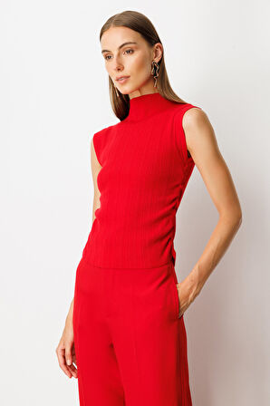 On Kadın Yanları Büzgülü Kolsuz Triko Kazak 65355 Kırmızı